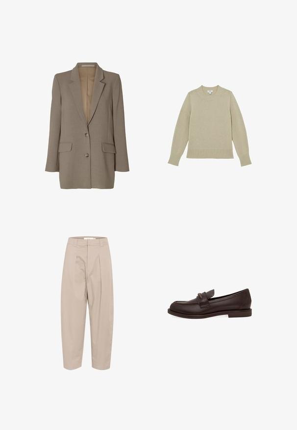 Blazer taupe de un solo pecho con solapas con muesca, dos bolsillos delanteros con solapa y dos botones, mostrado sobre un fondo blanco.; Suéter de punto beige con cuello redondo, dobladillo y puños acanalados. Tejido ligeramente texturizado con detalles cosidos a lo largo de las mangas.; Pantalones de mezcla de algodón color beige con un ajuste holgado, que presentan pliegues en la parte delantera, una cinturilla y tobillos recortados. Diseño sencillo, sin patrones ni acentos.; Zapato tipo mocasín penny loafer de cuero marrón oscuro con tacón bajo y costura moc toe visto desde el lado exterior sobre un fondo blanco.