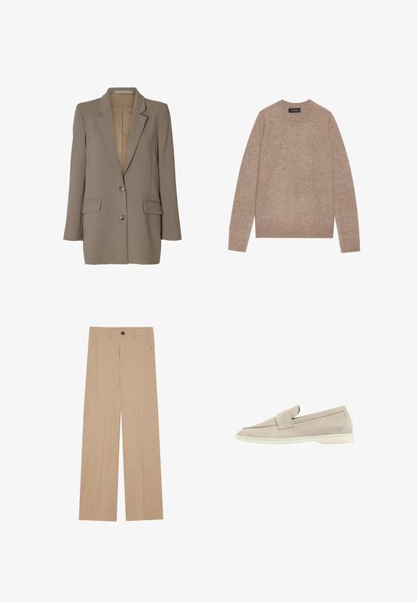 Blazer taupe simple boutonnage avec revers crantés, deux poches avant à rabat et deux boutons, présenté sur fond blanc.; Pull léger marron avec un col rond, fabriqué en tissu doux, présentant des poignets et un ourlet côtelés. Design simple avec une apparence texturée.; Pantalons larges beiges avec une texture lisse, dotés de deux poches latérales, d'une fermeture à bouton à l'avant et de plis subtils pour plus de détails.; Mocassin en suède beige clair avec une semelle blanche basse, un bout arrondi et une lanière cousue sur le dessus.