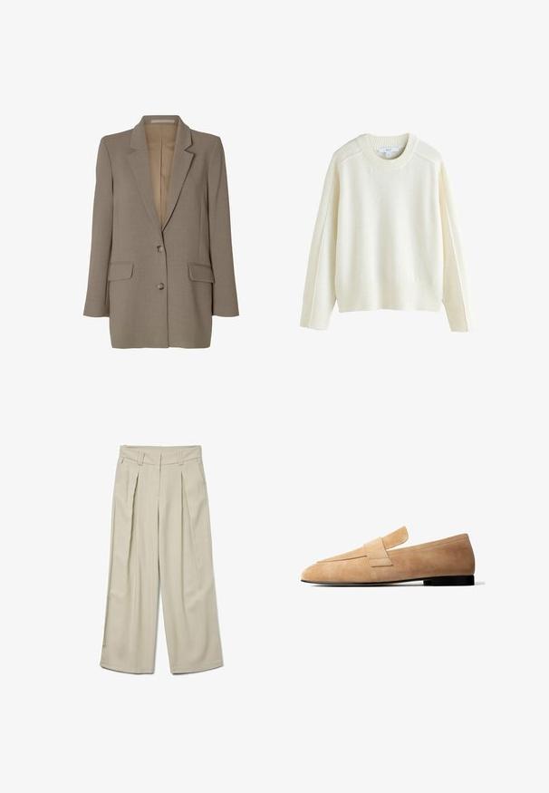 Taupe enkeltknappet blazer med notch revers, to forlommer med klap og to knapper, vist på hvid baggrund.; Next CREW NECK - Striktrøje - ecru; Beige vide bukser med høj talje, der har frontfolder og en glat tekstur. Skræddersyet design med bæltestropper og ingen synlige lommer.; Lysebrun ruskindsløs loafer med en lav sort hæl og en bred remdetalje tværs over toppen, vist i sideprofil på hvid baggrund.