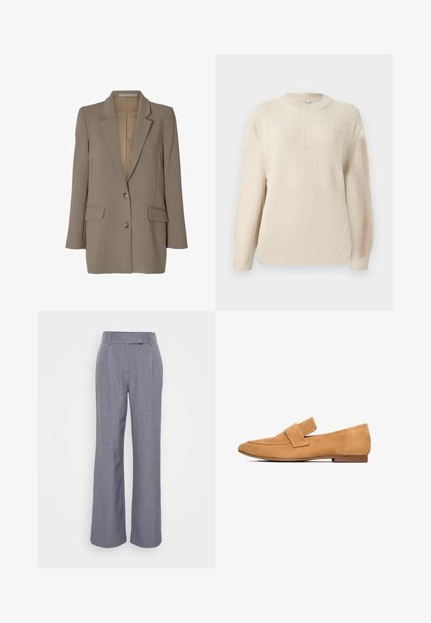 Blazer taupe de un solo pecho con solapas con muesca, dos bolsillos delanteros con solapa y dos botones, mostrado sobre un fondo blanco.; Suéter color crema de punto grueso con escote redondo, mangas extendidas y un acabado texturizado. Presenta un ligero canalé y un corte relajado.; Pantalones de pierna ancha en gris, confeccionados con una tela texturizada. Cuentan con una cinturilla plana con presillas y pliegues en la parte delantera para un detalle adicional.; Mocasines de ante color arena con tacón plano, punta redondeada y una tira cosida en el empeine para un acabado refinado.