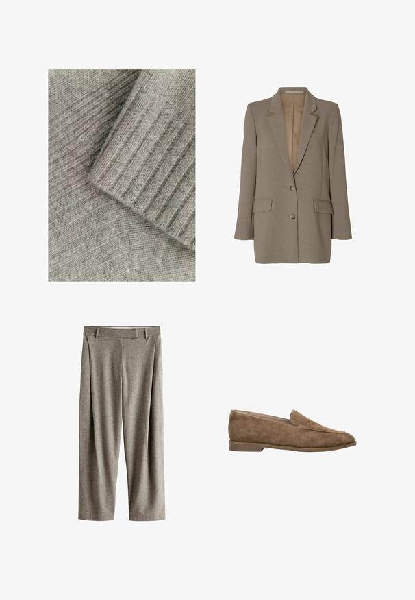 Taupekleurige single-breasted blazer met notch revers, twee voorzakken met klep en twee knopen, afgebeeld op een witte achtergrond.; Zacht grijs gebreid stof met ribbelstructuur, met gelaagde secties, één glad en één met een diagonaal patroon.; Rechte grijze pantalons met riemlussen, een vlakke voorkant en een subtiele textuur op een witte achtergrond.; Bruine suède instapsloffen met lage hak en afgeronde neus, zijaanzicht tegen een witte achtergrond.