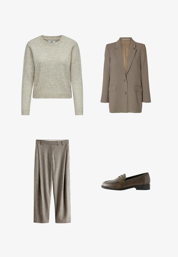 Blazer taupe de un solo pecho con solapas con muesca, dos bolsillos delanteros con solapa y dos botones, mostrado sobre un fondo blanco.; Suéter de mujer en color beige claro, hecho de una suave tela de punto, que presenta un cuello redondo y puños y dobladillo de canalé. Diseño clásico de corte recto.; Pantalones grises de mezcla de lana con corte recto, trabillas para cinturón y pliegues delanteros, mostrados sobre un fondo blanco.; Mocasines de cuero marrón con un acabado suave, que presentan un diseño cosido y una correa decorativa cruzando la parte superior. Tacón negro bajo y cuadrado.