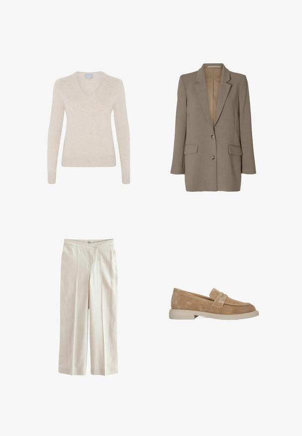 Blazer taupe simple boutonnage avec revers crantés, deux poches avant à rabat et deux boutons, présenté sur fond blanc.; Pull en v couleur beige, en tissu doux, à manches longues, silhouette ajustée et ourlet côtelé. Aucun motif ni élément métallique visible.; Next ASYMETRIC WAITBAND TAILORED WIDE LEG - Pantalon classique - neutral; Mocassins en daim brun avec un bout arrondi, détail de sangle décorative et une semelle en caoutchouc épaisse de couleur claire. Surface finement texturée.