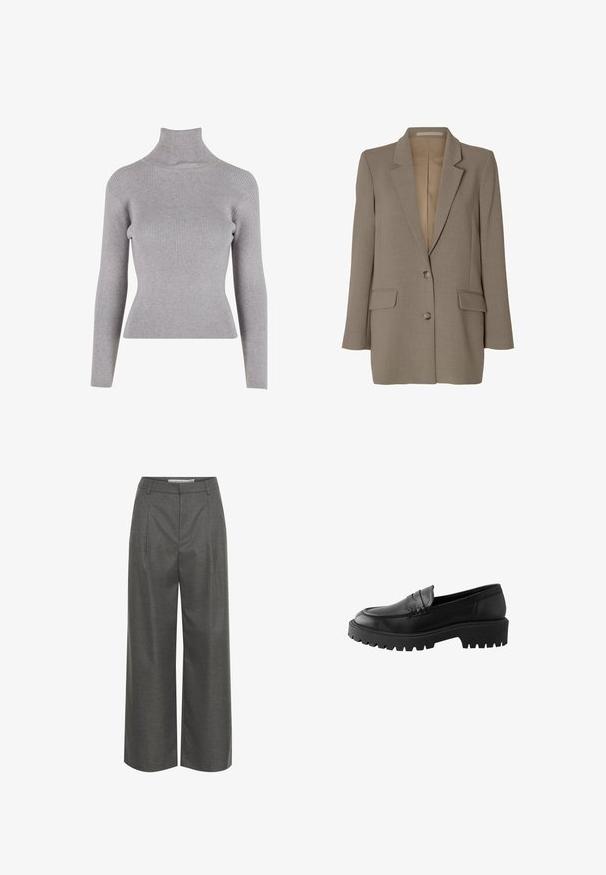 Taupe enkeltknappet blazer med notch revers, to forlommer med klap og to knapper, vist på hvid baggrund.; Grå turtleneck sweater med ribbet tekstur, tætsiddende design og lange ærmer. Glat materiale med en let strækbar kvalitet.; Grå brede bukser lavet af struktureret stof, med høj talje og frontfolder, uden synlige lommer eller hardware detaljer.; Sort læder loafer med rund tå, hævet sømdetalje og kraftig gummisål med dybe riller for bedre greb.