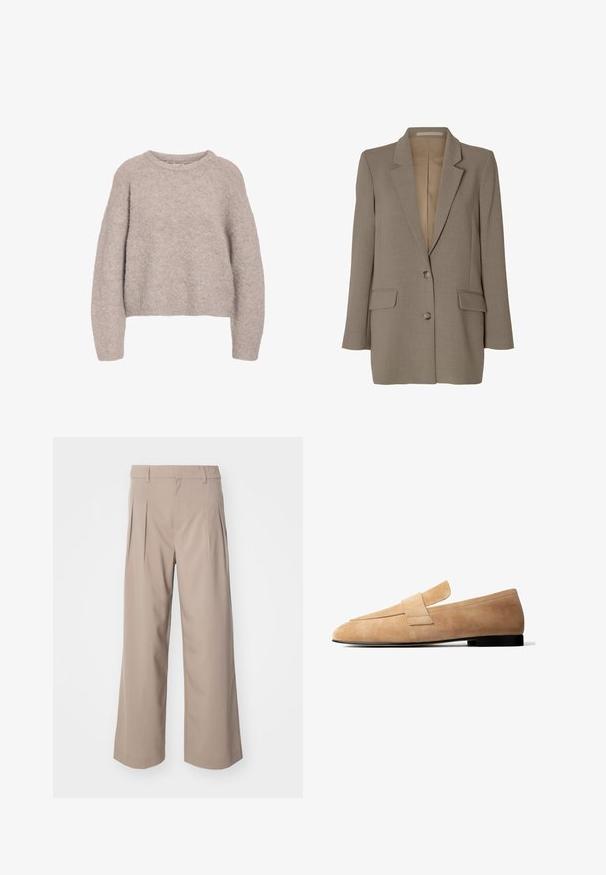 Blazer taupe simple boutonnage avec revers crantés, deux poches avant à rabat et deux boutons, présenté sur fond blanc.; Pull en maille beige clair avec une silhouette décontractée, un col rond et des manches longues. Matière texturée et douce avec une apparence confortable.; Pantalons larges beige avec des plis, en tissu lisse. Caractérisés par une taille mi-hauteur et une silhouette épurée et ajustée.; Mocassin en daim marron clair avec un petit talon noir et une large lanière sur le dessus, présenté de profil sur fond blanc.