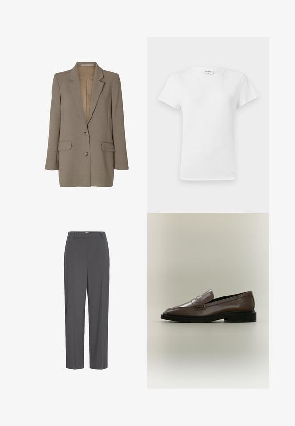 Blazer taupe simple boutonnage avec revers crantés, deux poches avant à rabat et deux boutons, présenté sur fond blanc.; T-shirt en coton blanc avec un col rond et des manches courtes, présentant une coupe décontractée et un design minimaliste. Étiquette visible au niveau du cou.; Pantalons gris à taille élastique avec une coupe droite, dotés de poches latérales et d'une texture lisse. Style minimaliste sans motifs ni accents.; Mocassin en cuir marron à enfiler avec semelle noire et petit talon, avec un détail de bride sur le dessus.