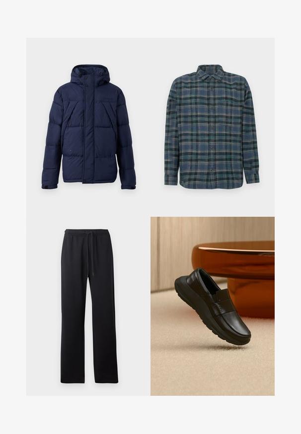 Veste matelassée bleu marine avec capuche, présentant de grandes sections en piqué, des fermetures à pression à l'avant et des poignets élastiques pour un ajustement confortable.; Chemise en flanelle à boutons en bleu marine avec un motif à carreaux. Elle présente des manches longues, un col à pointes et une texture de tissu douce et légèrement brossée.; Abercrombie & Fitch ESSENTIAL BAGGY OPEN HEM CASUAL - Pantalon de survêtement - black; Mocassin en cuir noir avec une semelle épaisse, présenté au-dessus d'un tapis beige et près d'une base de table ronde couleur ambre.