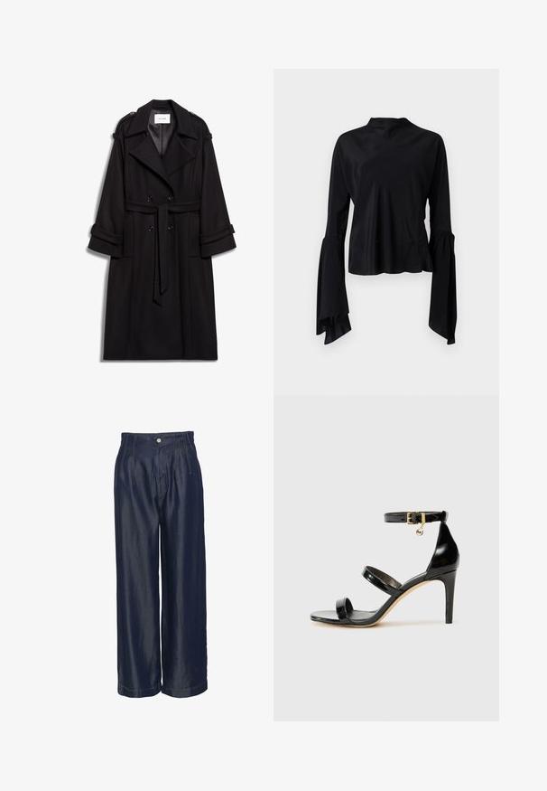 Schwarzer Wolltrenchcoat mit doppelreihigem Vorderteil, tailliertem Gürtel und hochgerollten Bündchen. Auffällige Details sind die Schulterepauletten.; Schwarze Bluse mit langen Ärmeln aus glattem Stoff, mit hohem Ausschnitt und ausgestellt geschnittenen Ärmeln, die am Bündchen eine Raffung aufweisen.; Marineblaue Jeans mit weitem Bein und hohem Bund, die über Frontfalten und goldene Nähte verfügt, eine glatte Textur hat und mit einem Knopfverschluss ausgestattet ist.; Schwarze Lackleder-Sandale mit drei Riemen, Knöchelriemen und 10 cm hohen Stiletto-Absatz. Verfügt über goldfarbene Hardware-Details und ein Logo-Charm.