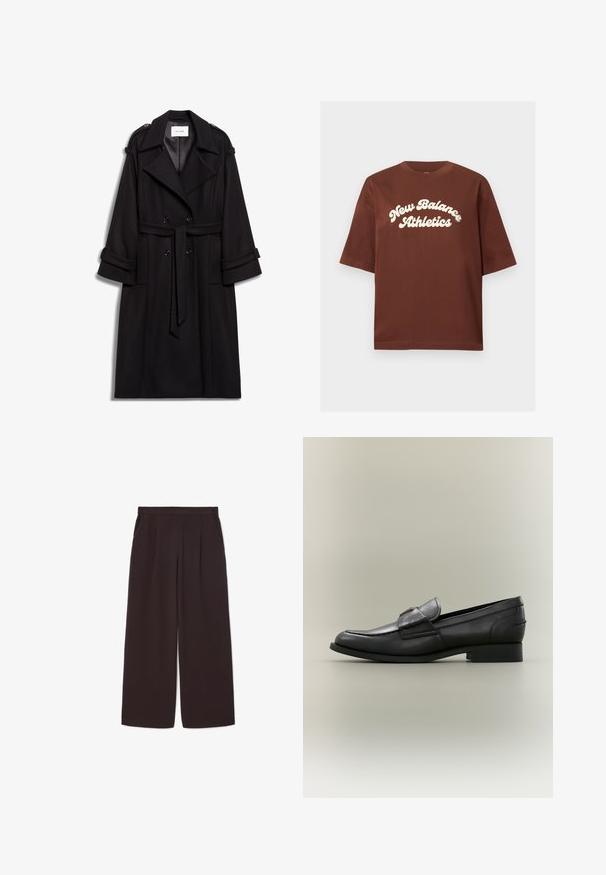 Sort uld trench coat med dobbeltradet front, bælte om taljen og rullede manchetter. Bemærkelsesværdige detaljer inkluderer skulderepauleter.; Brun bomulds t-shirt med en afslappet pasform, der har hvid tekst, som siger "New Balance Athletics" i en buet, fed skrifttype.; Mørkebrun vide bukser lavet af letvægtsstof, med høj talje, plisseringer og to sidelommer, samt elastisk taljebånd.; Sort læder herreloafer med lav hæl og remdetalje, vist i profil mod en neutral baggrund.