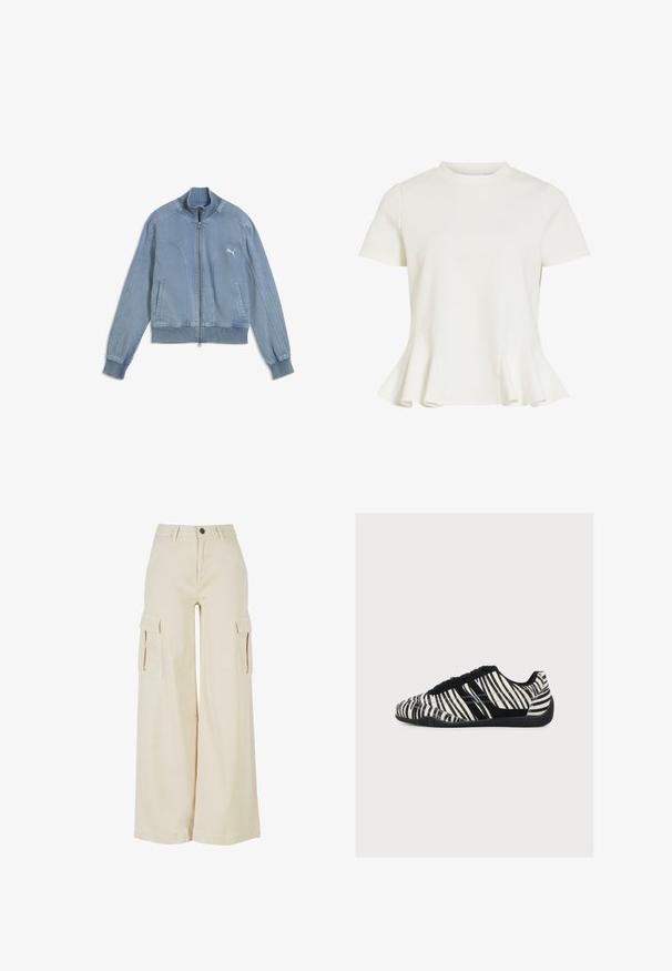 Hellblaue Puma Jacke mit Reißverschluss, geripptem Kragen, Bündchen und Saum, zwei Fronttaschen und Puma-Logo auf der linken Brust.; Weiße Bluse mit kurzen Ärmeln, rundem Ausschnitt und ausgestelltem Peplum-Saum, glattem Stoff und schlichtem, maßgeschneidertem Design.; Beige weite Cargo-Hosen aus Baumwolle, mit zwei großen Seitentaschen, einem frontalen Knopfverschluss und einem sauberen Saum.; Low-Profile Sneaker mit schwarz-weißen Zebrastripes, schwarzen Schnürsenkeln und texturierter schwarzer Sohle, von der Seite vor weißem Hintergrund gezeigt.