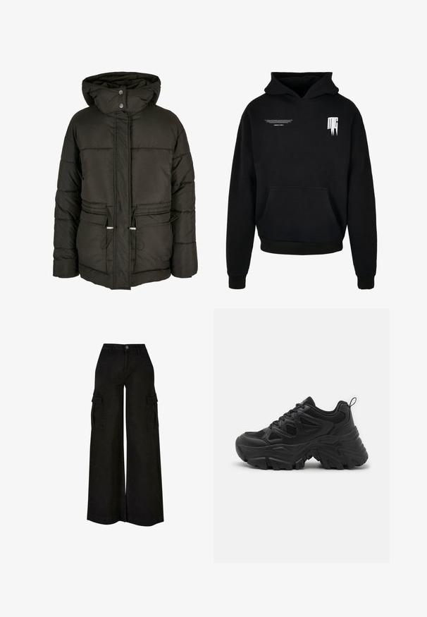 Veste matelassée isolée noire avec un col montant et une capuche, fermeture par boutons-pression à l'avant, deux poches avant et des accents à cordon de serrage au niveau de l'ourlet.; Sweat à capuche noir avec poche sur le devant, petit texte blanc sur la partie supérieure gauche de la poitrine, et logo stylisé "MG" sur la partie supérieure droite de la poitrine.; Pantalon cargo noir à jambes larges, taille haute, bouton sur le devant, fermeture éclair, passants de ceinture et poches à rabat sur les deux cuisses.; Baskets de sport noires avec une tige en maille texturée, semelle en caoutchouc incurvée et motif de semelle prononcé. Dotées de lacets intégrés et d'une languette de traction.