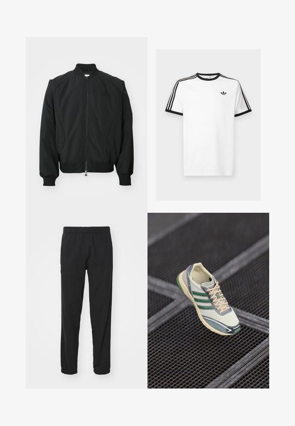 Čierna bomber bunda Adidas s predným zipsom, rebrovým golierom, manžetami, spodným lemom a malou zipsovou kapsou na ľavom rukáve.; Biela bavlnená tričko s čiernym žebrovaným výstrihom a rukávmi, s tromi čiernymi pruhmi na každom pleci a malým logom na hrudi.; Čierne ľahké joggingové nohavice s elastickým pásom, zúženými nohavicami, zberanými manžetami a bočnými vreckami pre väčšiu funkčnosť.; Biele a zelené sieťované tenisky s béžovými šnúrkami levitujú nad tmavým kovovým mriežkovaním na podlahe.