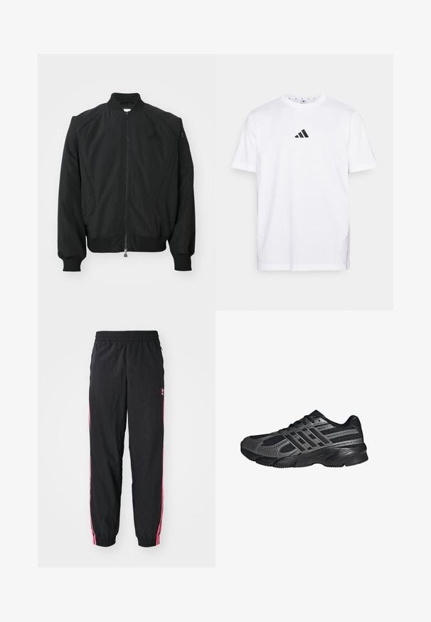 Čierna bomber bunda Adidas s predným zipsom, rebrovým golierom, manžetami, spodným lemom a malou zipsovou kapsou na ľavom rukáve.; Biela bavlnená tričko s malým čiernym trojuholníkovým logom na hrudi, krátkymi rukávmi a okrúhlym výstrihom. Jednoduchý a klasický dizajn.; Čierne vetrovky s ružovými bočnými pruhmi, elastickým pásom a manžetami. Na ľavom stehne je diskrétne logo. Hladká textura.; Čierne športové topánky vyrobené z pletiva a syntetických materiálov, s textúrovaným povrchom, viacerými šedými pruhmi a polstrovaným golierom.