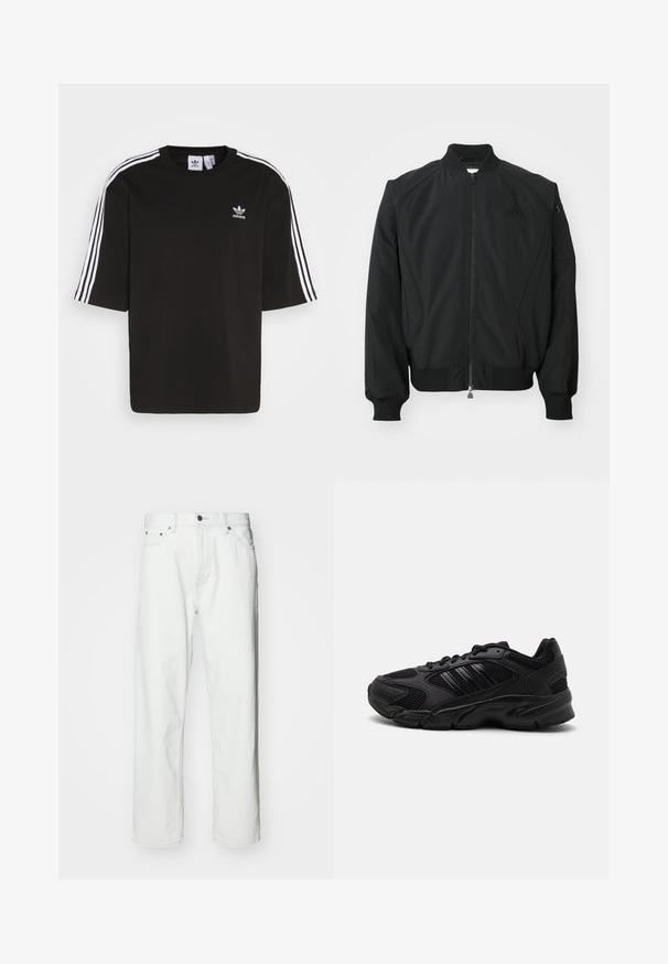 Čierna bomber bunda Adidas s predným zipsom, rebrovým golierom, manžetami, spodným lemom a malou zipsovou kapsou na ľavom rukáve.; Čierne tričko s krátkymi rukávmi vyrobené z bavlny, s bielymi trojpruhovými detailmi na ramenách a vyšitou logom Adidas na hrudi.; Biele džínsy z denimovej látky so strihaním rovného strihu, dizajnom s piatimi vreckami, zapínaním na gombík a jemnými švami. Hladká textúra a minimalistický štýl.; Čierne športové topánky s kombináciou priedušnej sieťoviny a syntetických materiálov. Výrazná štruktúrovaná podrážka a tri čierne pruhy na strane.