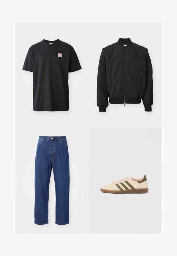 Čierna bomber bunda Adidas s predným zipsom, rebrovým golierom, manžetami, spodným lemom a malou zipsovou kapsou na ľavom rukáve.; Čierne bavlnené tričko s krátkymi rukávmi a okrúhlym výstrihom, s malou farebnou nálepkou na ľavej hrudi s nápisom "SUPERIOR."; Džínsy s vysokým pásom modrej farby vyrobené z denimu, so siluetou rovného strihu, viditeľným šitím a predným zapínaním na gombík.; Nízky béžový tenisky Adidas Spezial so zelenými pruhmi, gumovou podrážkou a nápisom „SPEZIAL“ na boku, zobrazené z vonkajšej strany.