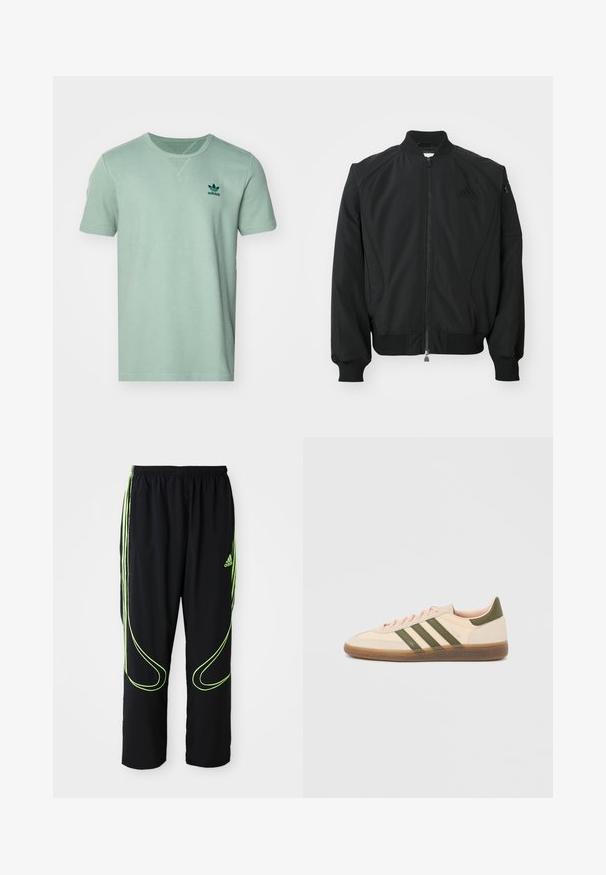 Čierna bomber bunda Adidas s predným zipsom, rebrovým golierom, manžetami, spodným lemom a malou zipsovou kapsou na ľavom rukáve.; Krátky rukáv, mätovo zelené tričko s textúrovaným vzorom, okrúhly výstrih a tmavozelené logo adidas na ľavej hrudi.; Čierne atletické nohavice Adidas s neonovo zelenými zakrivenými líniami a tromi pruhmi po stranách, elastickým pásom a logom Adidas na prednom stehne.; Nízky béžový tenisky Adidas Spezial so zelenými pruhmi, gumovou podrážkou a nápisom „SPEZIAL“ na boku, zobrazené z vonkajšej strany.