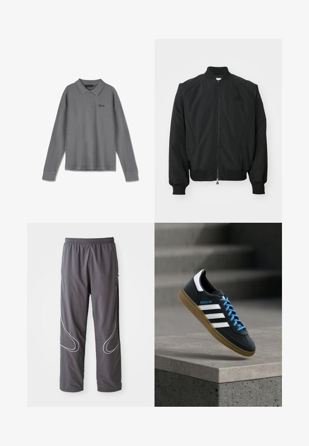 Čierna bomber bunda Adidas s predným zipsom, rebrovým golierom, manžetami, spodným lemom a malou zipsovou kapsou na ľavom rukáve.; Dlhý rukáv polo tričko v pruhovanej šedej látke. Obsahuje golier, pruh s tromi gombíkmi a jemné čierne logo na hrudi.; Pánske šedé športové nohavice s elastickým pásom, zipsovými vreckami a reflexnými bielymi akcentmi po stranách. Ľahký, hladký povrch.; Čierna teniska Adidas s bielymi pruhmi, modrými šnúrkami a gumovou podrážkou, ktorá sa vznáša nad sivým betónovým schodom v mäkkom svetle.