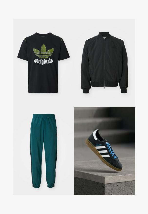 Čierna bomber bunda Adidas s predným zipsom, rebrovým golierom, manžetami, spodným lemom a malou zipsovou kapsou na ľavom rukáve.; Čierne bavlnené tričko s roztrhnutým zeleným grafickým dizajnom so tromi pruhmi a slovom "Originals" pod ním v bielej farbe, okrúhly výstrih, krátke rukávy.; Tyrkysové športové nohavice s viazaním v páse, elastickými manžetami a bočnými čiernymi pruhmi. Vyrobené z ľahkej tkaniny, s logom blízko bedra.; Čierna teniska Adidas s bielymi pruhmi, modrými šnúrkami a gumovou podrážkou, ktorá sa vznáša nad sivým betónovým schodom v mäkkom svetle.