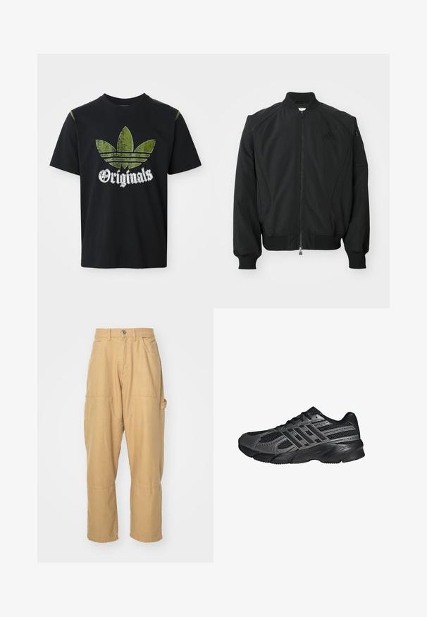 Čierna bomber bunda Adidas s predným zipsom, rebrovým golierom, manžetami, spodným lemom a malou zipsovou kapsou na ľavom rukáve.; Čierne bavlnené tričko s roztrhnutým zeleným grafickým dizajnom so tromi pruhmi a slovom "Originals" pod ním v bielej farbe, okrúhly výstrih, krátke rukávy.; Béžové cargo nohavice vyrobené z bavlneného zmesi. Obsahujú viaceré vrecká, priame nohavice a gombíkový uzáver na páse.; Čierne športové topánky vyrobené z pletiva a syntetických materiálov, s textúrovaným povrchom, viacerými šedými pruhmi a polstrovaným golierom.