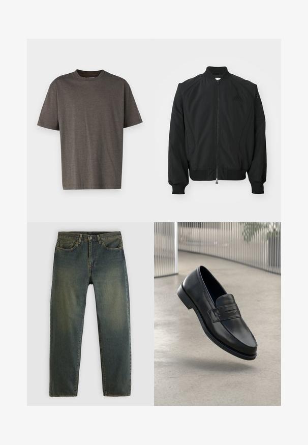 Čierna bomber bunda Adidas s predným zipsom, rebrovým golierom, manžetami, spodným lemom a malou zipsovou kapsou na ľavom rukáve.; Krátky rukáv T-shirt v tmavosivej farbe s textúrovaným, rebrovaným vzorom. Kolo výstrih a uvoľnený strih, vyrobený z mäkkej bavlny.; Tmavozelené riflové nohavice so šiestimi vreckami, zapínaním na gombíky a rovnými nohavicami, zobrazené na jednoduchom svetlom pozadí.; Čierna kožená mokasína s hladkou textúrou, špicatou špičkou a ozdobným remienkom cez priehlavok. Ľahká podrážka, minimalistický dizajn.