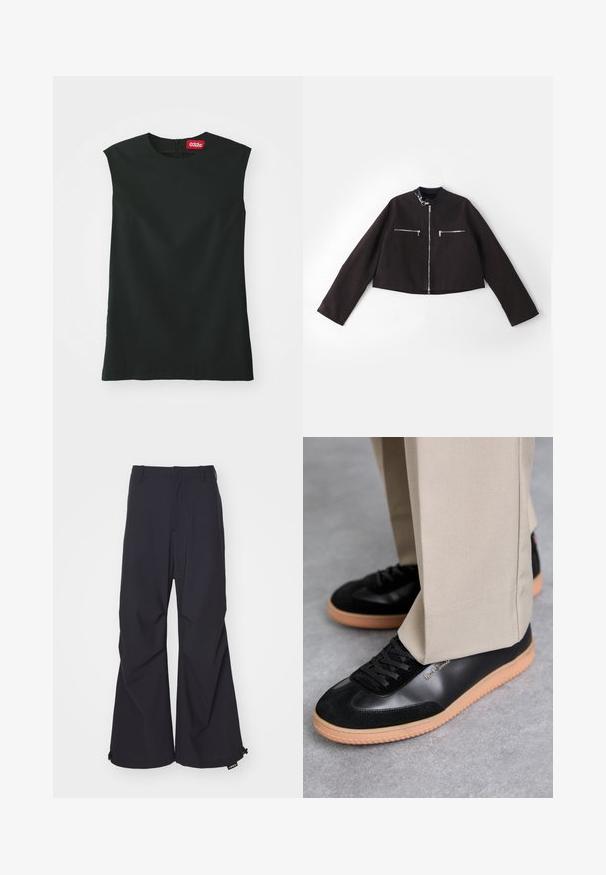 Veste noire courte en tissu texturé, avec des fermetures éclair argentées sur les poches avant, un col rond et des manches longues.; Un haut sans manches noir avec un col rond, en tissu lisse, et une fermeture éclair au dos. Il présente une petite étiquette rouge avec le logo "032c" au niveau du cou.; Pantalons à jambe large bleu marine en tissu lisse, dotés de deux poches avant et d'accents en cordon à l'ourlet. Design épuré et bien taillé sans embellissements.; Paul Smith COMO - Baskets basses - black