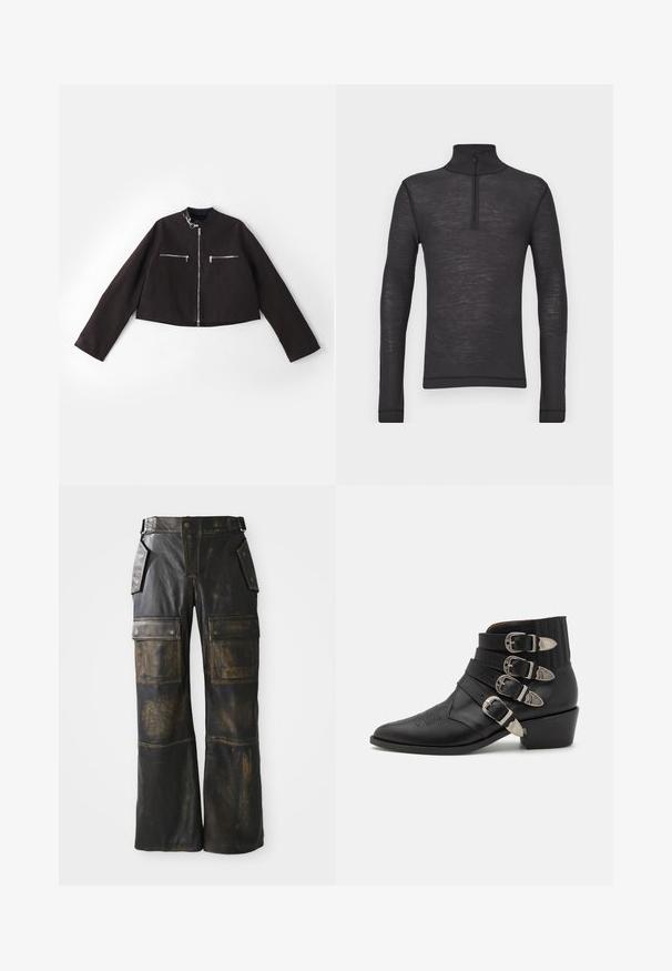 Zwarte cropped jas van een gestructureerde stof, met zilveren ritsen op de voorzakken, een ronde kraag en lange mouwen.; Zwarte lange mouwen turtleneck shirt gemaakt van een gestructureerde stof, met een halve rits bij de kraag en aansluitende mouwen.; Zwarte leren cargobroeken met een versleten textuur, voorzien van grote zijzakken, een hoge taille en contrasterende stiksels over de naden.; Zwarte leren enkellaars met vier decoratieve zilveren gespen, puntige neus en een gestapeld hak met ribbels aan de bovenrand.
