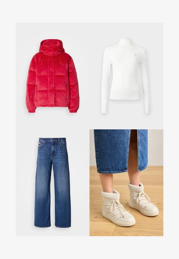 Rote Pufferjacke aus weichem, plüschigem Material. Verfügt über einen hohen Kragen, eine Knopfleiste, elastische Bündchen und ein gestepptes Design mit Seitentaschen.; Helles Langarm-Turtleneck-Top aus geripptem Stoff, mit einem kleinen Logo-Detail und schlanker Passform.; weit geschnittene Jeans aus dunkelblauem Denim, mit hoher Taille, fünf Taschen und dezenten Ausbleichungen an der Vorderseite für zusätzliche Textur und Details.; Beige Knöchelstiefel mit einem weichen, gestrickten Schaft und weißen Schnürsenkeln. Die Sohle ist dick und strukturiert, kombiniert mit einem blauen Jeansrock.