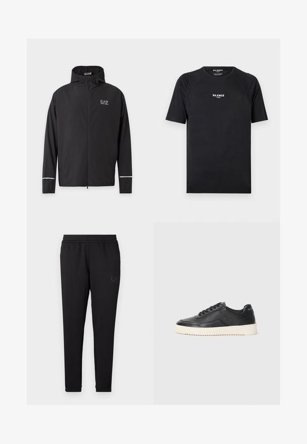 Must kapuutsiga lukuga jope EA7 Emporio Armani logoga rinnal ja helkivate triipudega varrukaäärte lähedal.; Must have lühikeste käistega must T-särk, mis on valmistatud siledast kangast, laeva kaelusega ja rinnal valge "SILENCE" logo.; Mustad mustad, pehmest kangast, millel on elastne vöökoht, kitsad sealsed ja väike logo trükitud küljele.; Must be a black leather sneaks, millelööb, ümar ninaga ja lame valge kummitald. Omab musti paelu ja brändingut kanna peal.