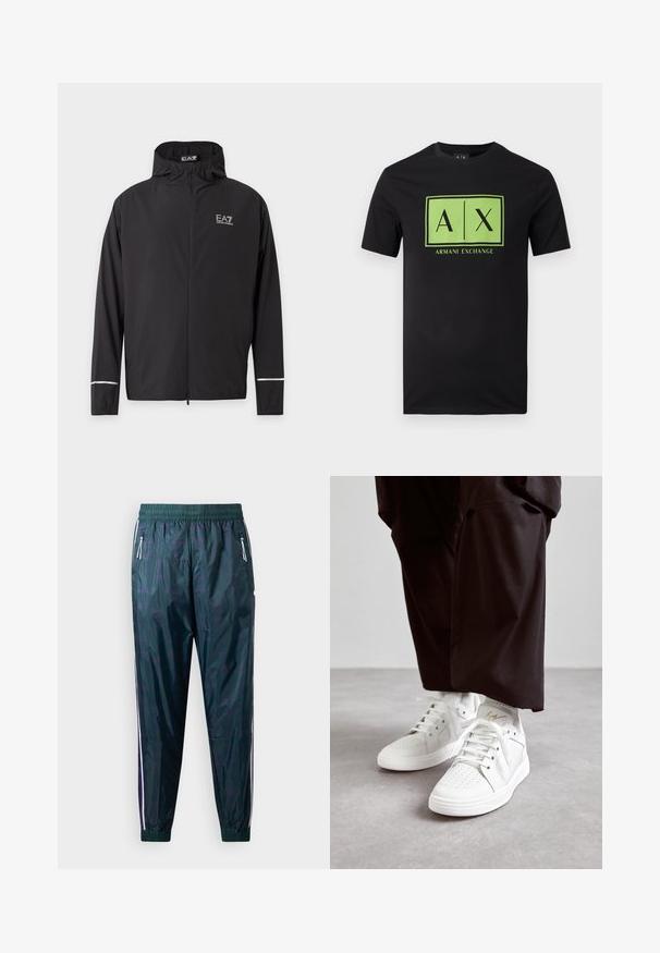 Veste noire à capuche avec fermeture éclair, logo EA7 Emporio Armani sur la poitrine et bandes réfléchissantes près des poignets.; T-shirt noir à manches courtes avec un logo rectangulaire vert comportant les textes "A|X" et "Armani Exchange" centrés sur le devant.; Pantalons coupe-vent en vert foncé avec une texture lisse, présentant un motif subtil, des rayures blanches sur les côtés et des poches zippées. Taille élastique.; Baskets montantes blanches en cuir lisse avec un détail perforé sur le bout, des lacets blancs plats et une subtile touche dorée sur le talon.