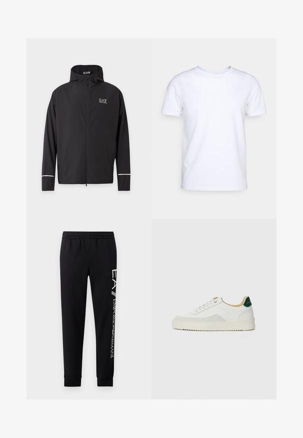 Sort hættejakke med lynlås med EA7 Emporio Armani-logo på brystet og reflekterende striber nær ærmekanterne.; Hvid kortærmet t-shirt i bomuldsstof med rund halsudskæring. Enkel design uden mønstre eller detaljer. Glat tekstur.; Sorte sweatpants lavet af en bomuldsblanding, med elastisk talje, smalle ben, ribbede manchetter og hvidt logo print langs siden.; Hvide sneakers med ruskindsdetaljer, rund tå, flade snørebånd og en cremet gummisål. Har grøn branding på hælen.