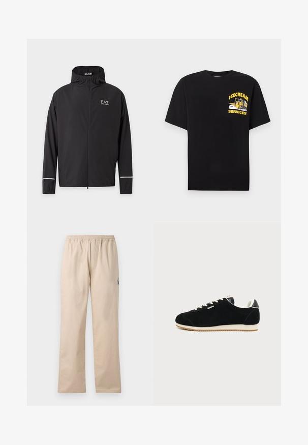 Sort hættejakke med lynlås med EA7 Emporio Armani-logo på brystet og reflekterende striber nær ærmekanterne.; Sort T-shirt med gul grafik af en isvogn og teksten "ICECREAM SERVICES" på venstre bryst.; Beige, letvægts, vævede bukser med elastisk talje. Har lige ben og et lille broderet logo på siden.; Sort ruskindssneaker med hvid sål og snørebånd, lavt design og lille sidelogo på ensfarvet lys grå baggrund.