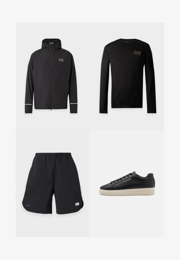 Veste noire à capuche avec fermeture éclair, logo EA7 Emporio Armani sur la poitrine et bandes réfléchissantes près des poignets.; T-shirt noir à manches longues avec col rond et petit logo doré EA7 Emporio Armani sur la partie supérieure gauche de la poitrine.; Shorts décontractés noirs avec taille élastique, petit texte "VENTUS7" sur la jambe gauche, et écusson logo EA7 Emporio Armani sur l'ourlet de la jambe droite.; Sneaker en cuir noir avec une finition lisse, semelle crème contrastante, bout arrondi, logo doré sur le côté et six œillets pour les lacets.