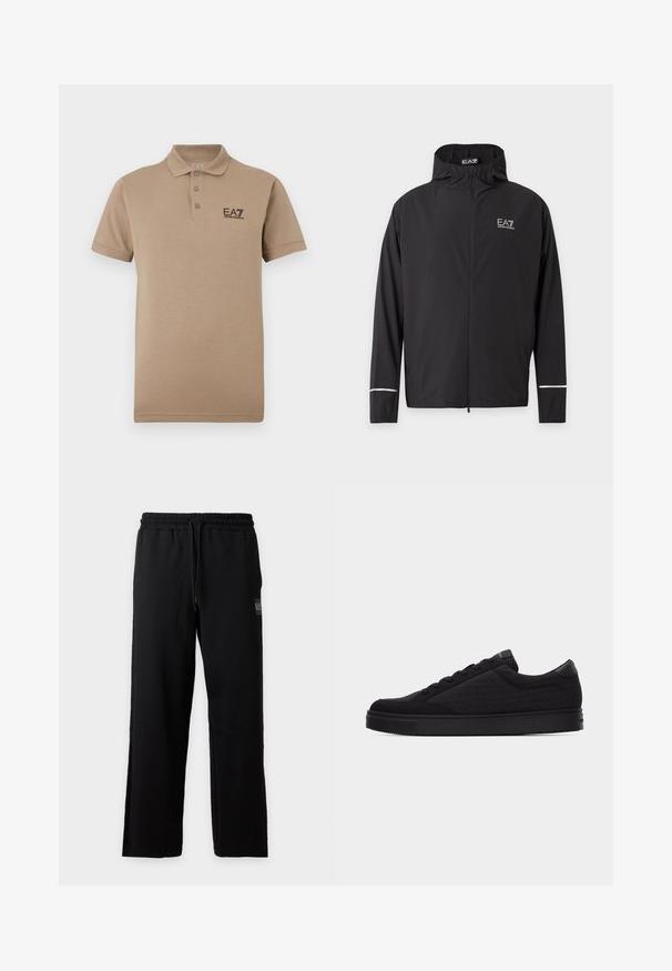 Veste noire à capuche avec fermeture éclair, logo EA7 Emporio Armani sur la poitrine et bandes réfléchissantes près des poignets.; Polo beige en coton, avec une patte de trois boutons et un petit logo EA7 noir sur le côté gauche de la poitrine. Manches courtes.; Pantalon de survêtement noir coupe décontractée avec ceinture élastique et cordon, avec un petit patch logo sur la cuisse droite.; Basket basse noire avec motif logo ton sur ton, design à lacets et semelle plate sur un fond clair uni.