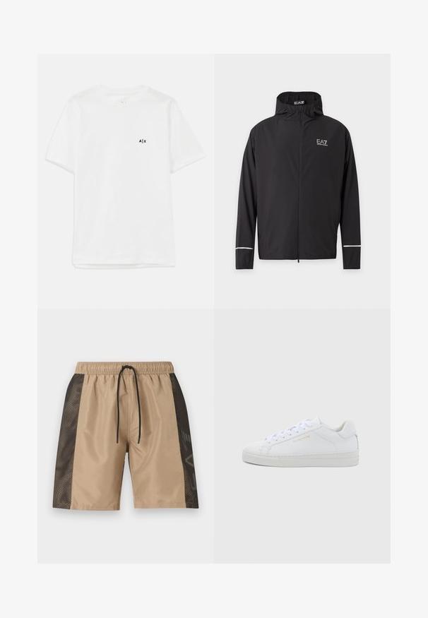 Zwarte capuchonjas met rits en EA7 Emporio Armani-logo op de borst, met reflecterende strepen nabij de manchetten.; Witte katoenen t-shirt met korte mouwen en een ronde hals, met een klein zwart logo op de linkerborst. Glad textuur, eenvoudig ontwerp.; Beige shorts met zwarte mesh zijpanelen, elastische tailleband en zwarte trekkoord, weergegeven tegen een effen lichte achtergrond.; Witte leren lage sneakers met een ronde neus, platte veters, een gestructureerde zool en subtiele gouden branding aan de zijkant. Gladde oppervlakte en minimalistisch ontwerp.