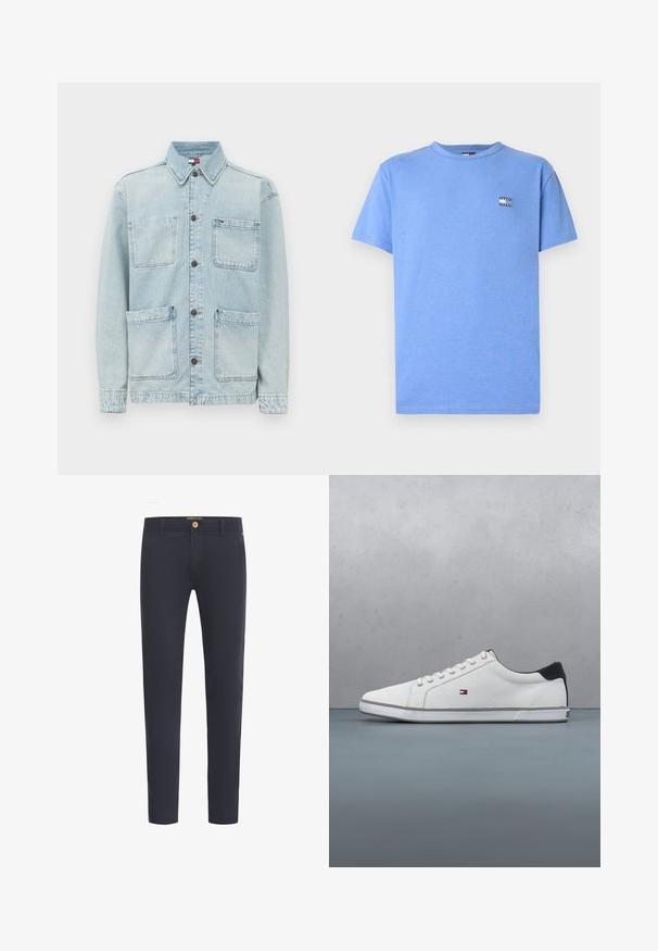 Lysblå denimjakke med knaplukning foran, fire store forlommer og klassisk krave.; Lyseblå kortærmet T-shirt lavet af bomuld. Har et lille mærketikette på venstre bryst. Standard rund hals og lige kant.; Marineblå bukser lavet af glat stof, med almindelig pasform, fem-lomme design og foran knaplukning.; Hvide lærreds sneakers med rund tå, grå gummisål og sort hæl accent. Har sølv øjner og en lille logo detaljer på siden.