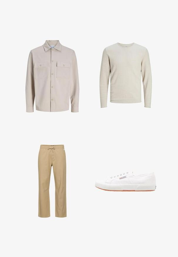 Camisa beige de manga larga con botones, dos bolsillos en el pecho con botones y cuello clásico, confeccionada en tela texturizada.; Suéter de manga larga color beige claro con un diseño texturizado de tejido tipo waffle. Presenta un cuello redondo y puños acanalados en las mangas y el dobladillo.; Pantalones de algodón beige de corte relajado con cintura elástica y cordón. Presentan bolsillos laterales y corte recto en las piernas. Sin patrones visibles.; Zapatillas de lona blancas con suela de goma, diseño de cordones y una pequeña etiqueta con el logo en el lateral. Parte superior texturizada blanca y suela marrón.