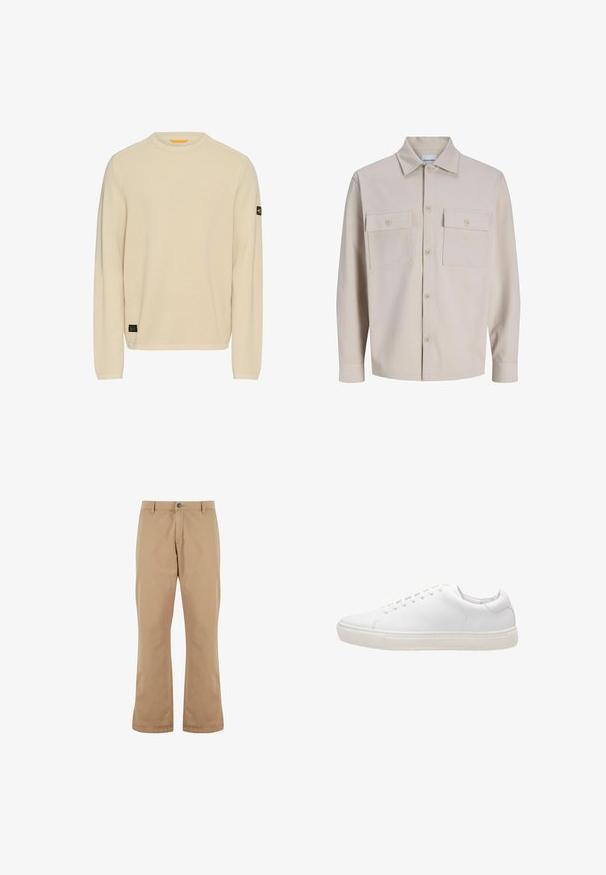 Beige langærmet skjorte med knapper, to brystlommer med knapper og klassisk krave, lavet af tekstureret stof.; Lys beige striktrøje med lange ærmer, rund halsudskæring, tekstureret stof og et lille sort logo-patch på venstre ærme.; Beige bomuldsbukser med lige pasform, der har knaplukning, forlommer og en glat tekstur.; Hvide lædersneakers med en glat overflade, rund tå, snørebåndslukning og flad gummisål. Minimalistisk design uden synlige mønstre.