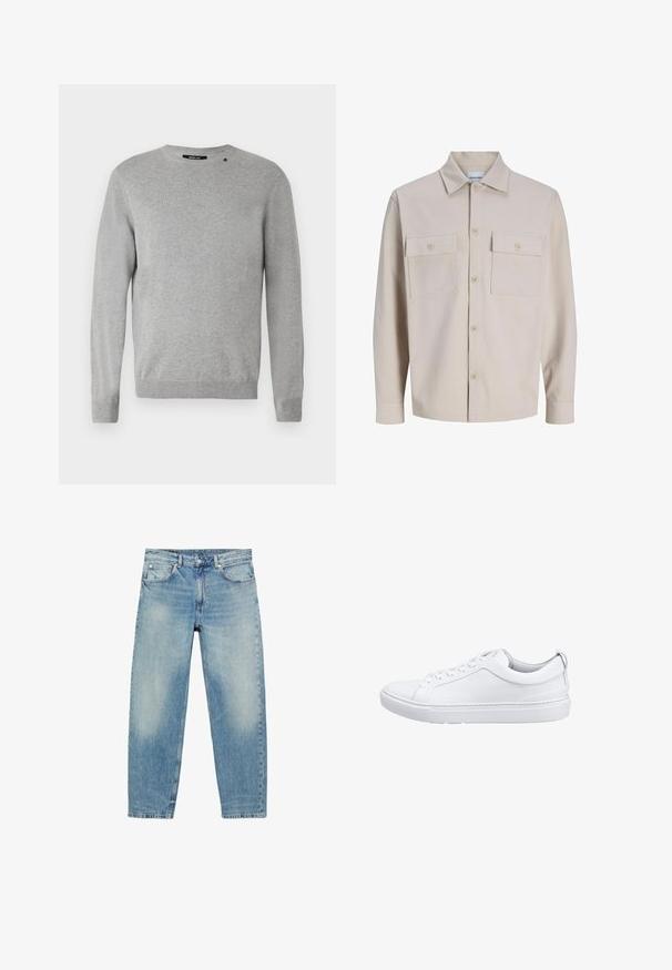 Beige langærmet skjorte med knapper, to brystlommer med knapper og klassisk krave, lavet af tekstureret stof.; Lys grå sweater med lange ærmer, rund halsudskæring, strikket tekstur og et simpel design med et lille logo over venstre skulder.; Blå straight-leg denim jeans med forlommer og bæltestropper, der viser let falmede detaljer på lår og knæ.; Hvide lædersneakers med en glat overflade, rund tå, flad gummisål og diskret logo på siden. Snørebåndene går gennem seks øjer.