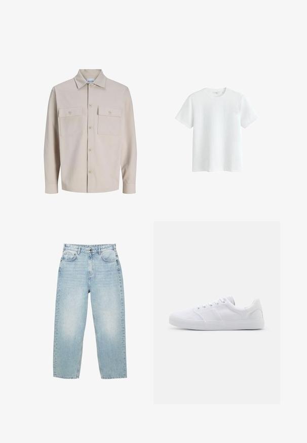 Beige langærmet skjorte med knapper, to brystlommer med knapper og klassisk krave, lavet af tekstureret stof.; Hvid kortærmet bomulds t-shirt med rund halsudskæring, vist på hvid baggrund.; Lyseblå høj talje denim jeans med lige ben, for- og baglommer samt lukning med knap og synlig syning.; Hvide lærreds sneakers med gummisål, der har seks snørehuller, en struktureret tåkap og et minimalistisk design.