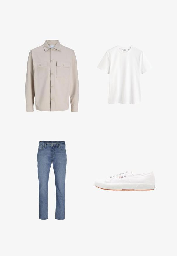 Beiges Langarmhemd mit Knopfleiste, zwei aufgesetzten Brusttaschen mit Knöpfen und klassischem Kragen aus strukturiertem Stoff.; Schlichtes weißes Kurzarm-T-Shirt mit Rundhalsausschnitt und kleinem Markenlabel innen im Kragen.; Hellblaue Jeans aus Denim mit geradem Bein, fünf Taschen und einem vorderen Knopfverschluss mit kontrastierenden Nähten.; Weiße Leinensneaker mit Gummisohle, Schnürdesign und einem kleinen Logolabel an der Seite. Strukturierte weiße Oberseite und braune Außensohle.