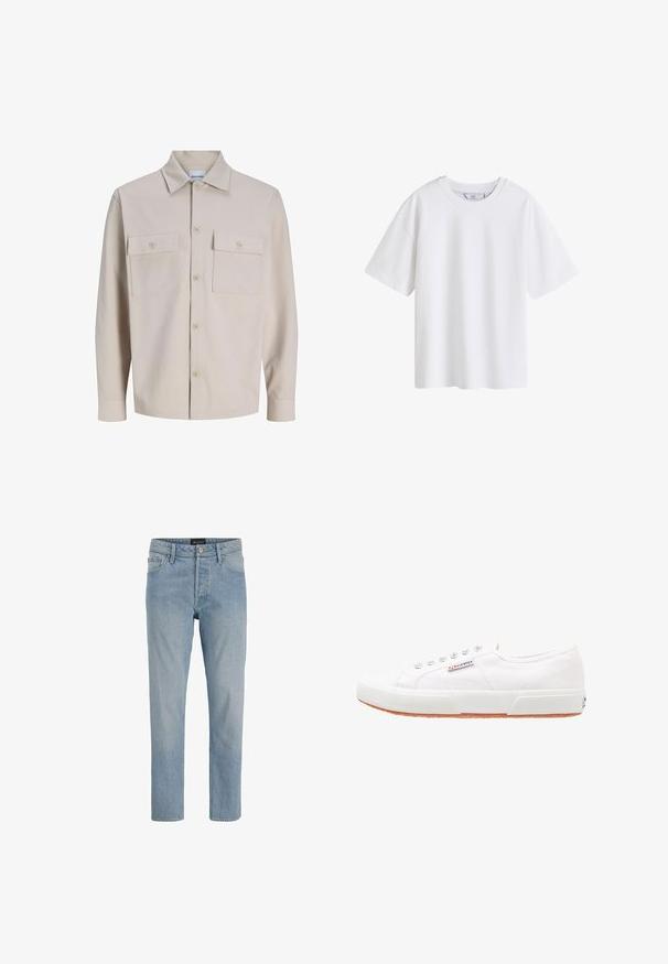 Beiges Langarmhemd mit Knopfleiste, zwei aufgesetzten Brusttaschen mit Knöpfen und klassischem Kragen aus strukturiertem Stoff.; Schlichtes weißes Baumwoll-T-Shirt mit kurzen Ärmeln und Rundhalsausschnitt, vorne abgebildet auf weißem Hintergrund.; Hellblaue Denim-Jeans mit geradem Schnitt, fünf Taschen, Knopfverschluss und einem leicht ausgewaschenen Finish.; Weiße Leinensneaker mit Gummisohle, Schnürdesign und einem kleinen Logolabel an der Seite. Strukturierte weiße Oberseite und braune Außensohle.