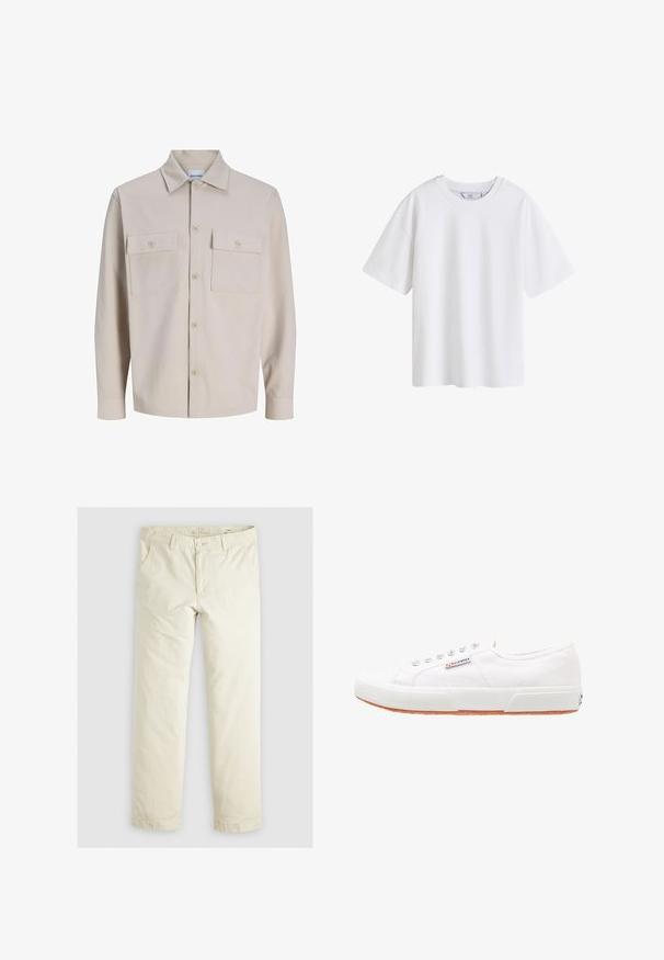 Beiges Langarmhemd mit Knopfleiste, zwei aufgesetzten Brusttaschen mit Knöpfen und klassischem Kragen aus strukturiertem Stoff.; Schlichtes weißes Baumwoll-T-Shirt mit kurzen Ärmeln und Rundhalsausschnitt, vorne abgebildet auf weißem Hintergrund.; Helle beigefarbene, lässig geschnittene Hose mit drei Taschen, Gürtelschlaufen und geradem Bein. Hergestellt aus einem weichen Baumwoll-Mix.; Weiße Leinensneaker mit Gummisohle, Schnürdesign und einem kleinen Logolabel an der Seite. Strukturierte weiße Oberseite und braune Außensohle.