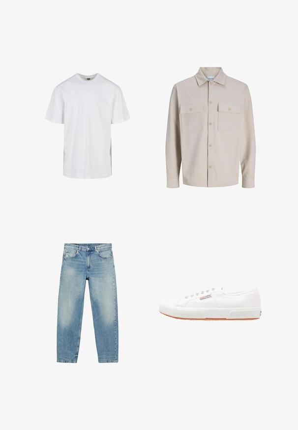 Beige blouse met lange mouwen en knopen, twee borstzakken met knopen en een klassieke kraag, gemaakt van gestructureerde stof.; Eenvoudig wit T-shirt met korte mouwen en ronde hals, met een losse pasvorm, afgebeeld tegen een witte achtergrond.; Jeans met rechte pijpen van blauwe denim, met voorzakken en riemlussen, met lichte vervaagde details op dijen en knieën.; Witte canvas sneakers met een rubberen zool, vetersluiting en een klein logolabel aan de zijkant. Gewreven wit bovenwerk en een bruine zool.