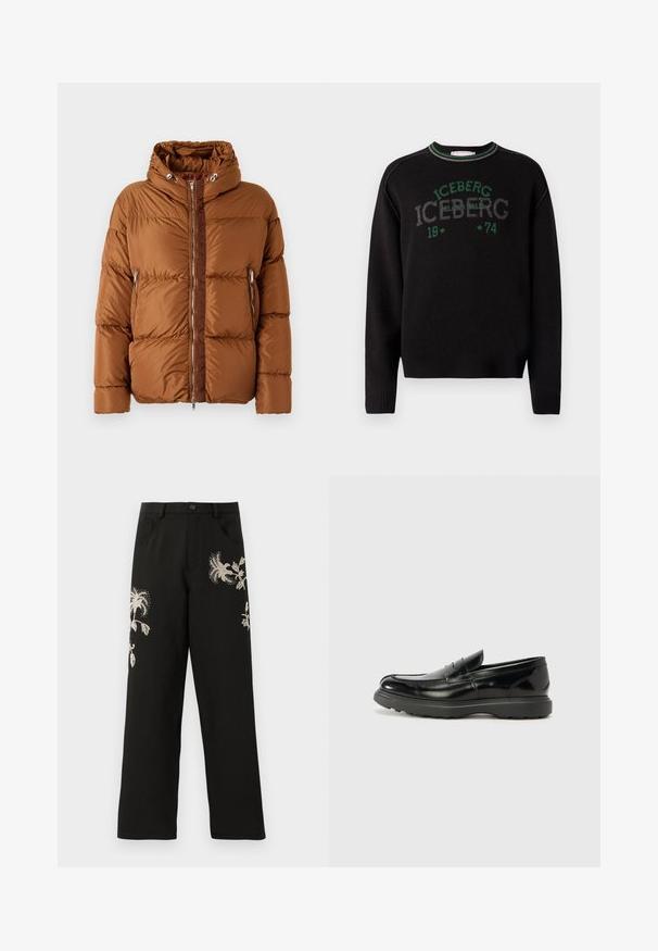 Iceberg PIUMINO - Doudoune - nocciola; Iceberg MAGLIA GIROCOLLO - Pullover - nero; Pantalons larges noirs avec broderie florale dans des tons crème. Présente des poches avant et une fermeture à bouton, fabriqués en un textile lisse.; Mocassin en cuir noir avec une finition brillante, bout arrondi, détails de couture subtils et semelle en caoutchouc épaisse pour la durabilité.