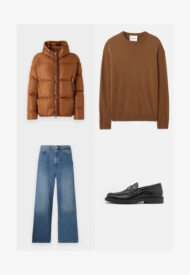 Iceberg PIUMINO - Dunjakker - nocciola; CLOSED CREW NECK LONG SLEEVE - Striktrøje - light mocha brown; Bredde ben blå denim jeans med et klassisk fem-lomme design, frontlukning med knap og let falming for tekstur.; Sorte læder loafers med en rund tå, der har guld hardware accent og syningsdetaljer, placeret på en lav, tekstureret gummisål.