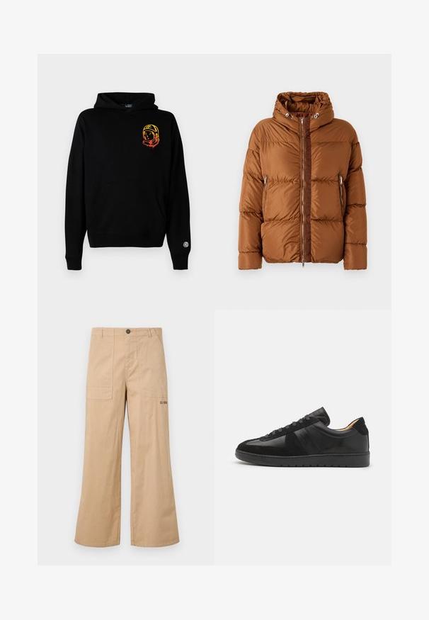 Iceberg PIUMINO - Daunenjacke - nocciola; Schwarze Kapuzenjacke aus weichem Stoff, mit einer Vorderseite-Tasche, gerippten Bündchen und einem Astronauten-Graphic in Orange und Gelb auf der linken Brust.; Beige Baumwoll-Cargo-Hosen mit weitem Beinschnitt, vorderen aufgesetzten Taschen und einem Logo auf der Gesäßtasche. Leichter Stoff mit glatter Textur.; Tiger of Sweden BELLICU - Sneaker low - black