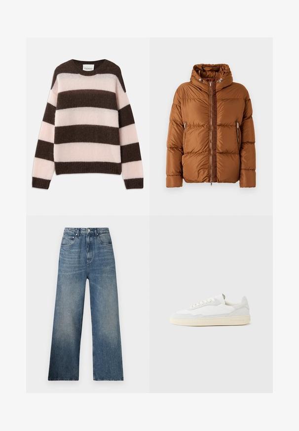 Iceberg PIUMINO - Páperová bunda - nocciola; CLOSED STRIPE CREW NECK JUMPER - Svetrík - espresso brown; Modré rifľové nohavice s širokými nohavicami a vysokým pásom, s jemným zosvetlením, piatimi vreckami a kovovým zapínaním vpredu.; Biela teniska s jemne štruktúrovaným zvrškom zo semišu a kože. Má zaoblenú špičku, viazanie na šnúrky a kontrastnú béžovú gumovú podrážku.