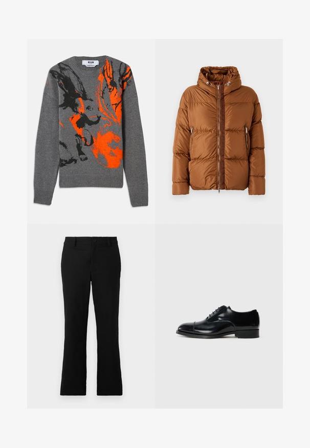 Iceberg PIUMINO - Dunjakker - nocciola; Grå strikket sweater med et kontrasterende orange og sort abstrakt design. Rund hals og ribbede manchetter og kant. Blød tekstur.; Sorte flagrende bukser lavet af en blanding af bomuldsstof, med knaplukning, bælteløkker og en glat tekstur uden synlige mønstre.; Sort læder dress sko med en poleret finish, afrundet tå, snøredesign og en lav stablet hæl, der har en subtil sømdetalje.
