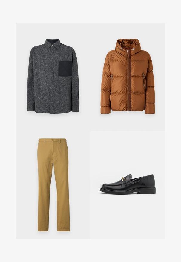 Iceberg PIUMINO - Chaqueta de plumas - nocciola; Iceberg Camisa - fantasia mix di grigi; Pantalones de algodón beige de corte recto, con bolsillos frontales y cierre de botón. Textura suave y diseño minimalista, sin patrones visibles.; Mocasines de cuero negro con punta redondeada, que cuentan con un detalle de herrajes dorados y costuras, situados sobre una suela de goma texturizada y baja.