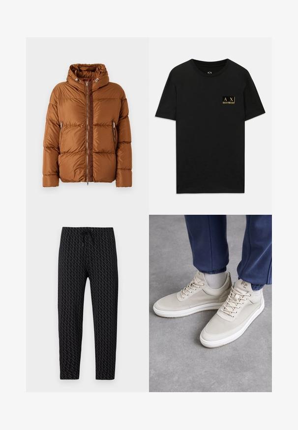 Iceberg PIUMINO - Untuvatakki - nocciola; Mustan puuvillan t-paita, jossa on pyöreä pääntie. Vasemmassa rinnassa pieni kultainen logo-ommel, jossa lukee "AX Armani Exchange". Klassinen istuvuus.; Armani Exchange AX LOGO SWEAT PANTS - Verryttelyhousut - black; Beige sneaker med tekstureret materiale, rund tå, snørebånd og minimalistisk design. Hvid sål med lys tan detaljer. Bæres med marineblå joggingbukser.